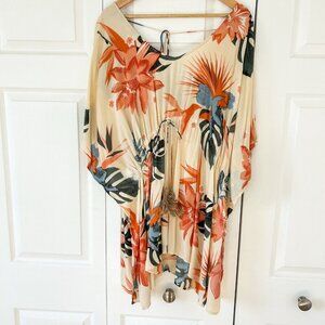 Z&L Floral Boho Kimono Tunic Top Size M EUC Coverup Drawstring Tassel Detail